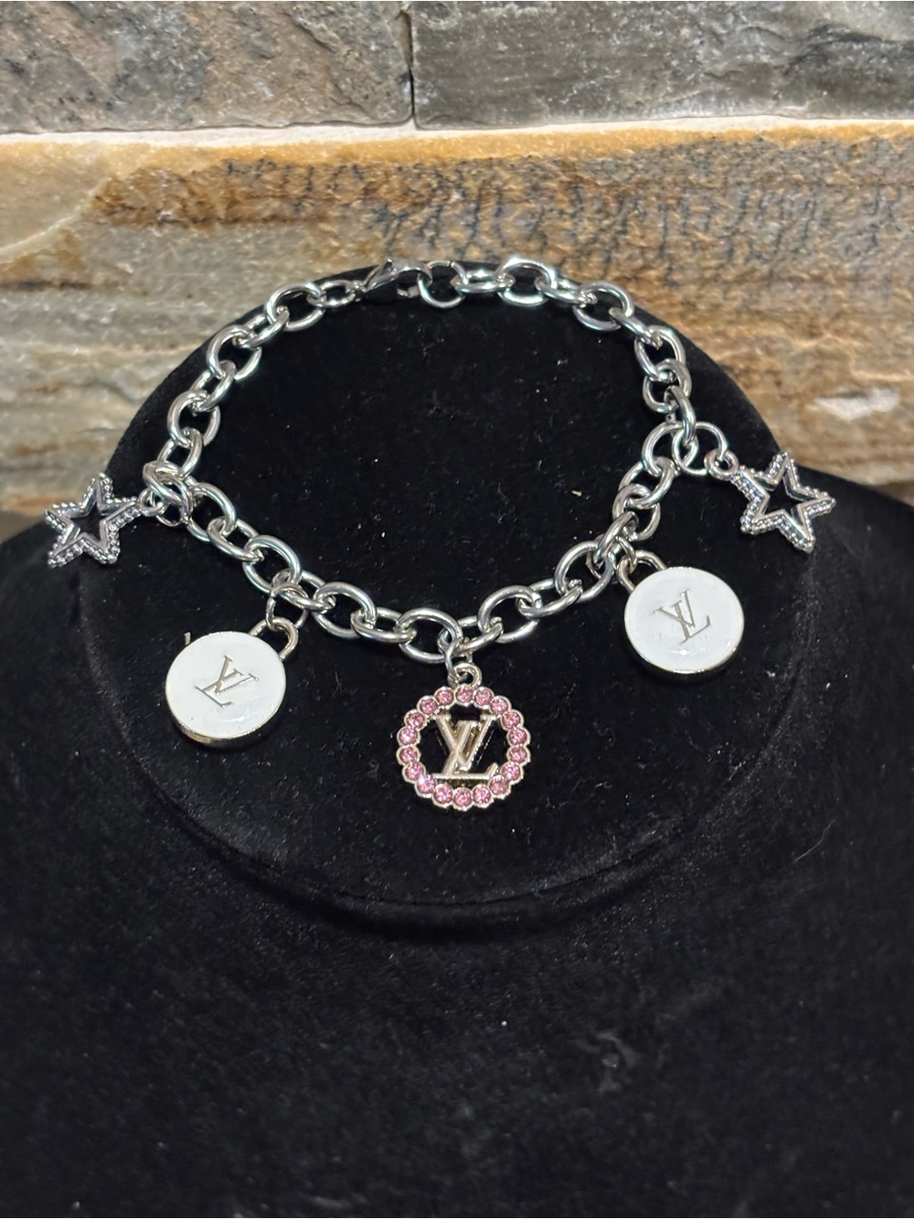 Silver Charm Bracelet with Pink Crystal LV  & white skittle Charms
